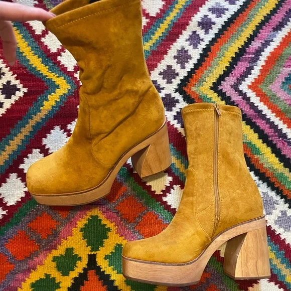 Charlotte Stone Vegan Suede Platform Ankle Boots - Mustard Yellow 8 - Picture 2 of 7